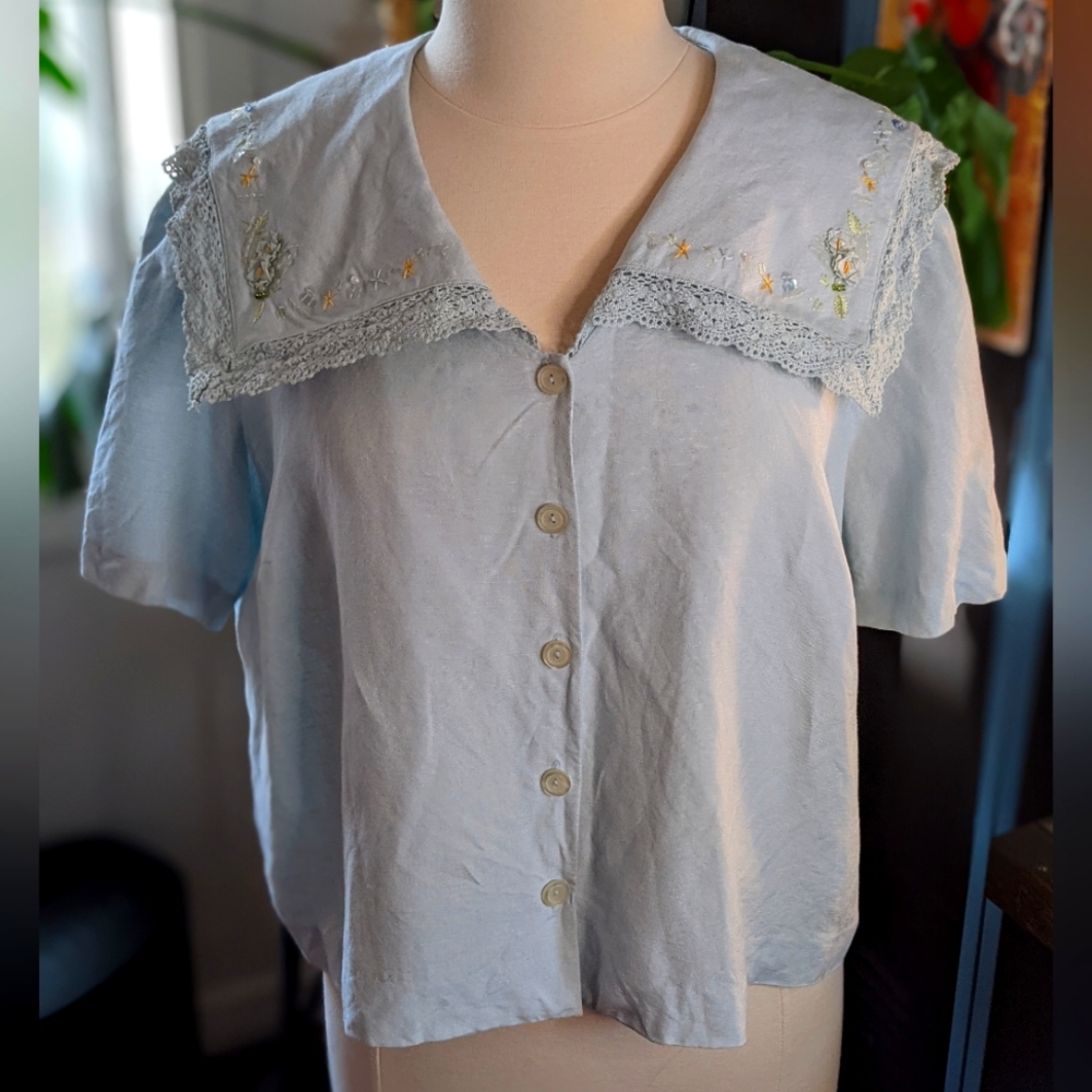 Baby Blue Collared Linen Blend Blouse
